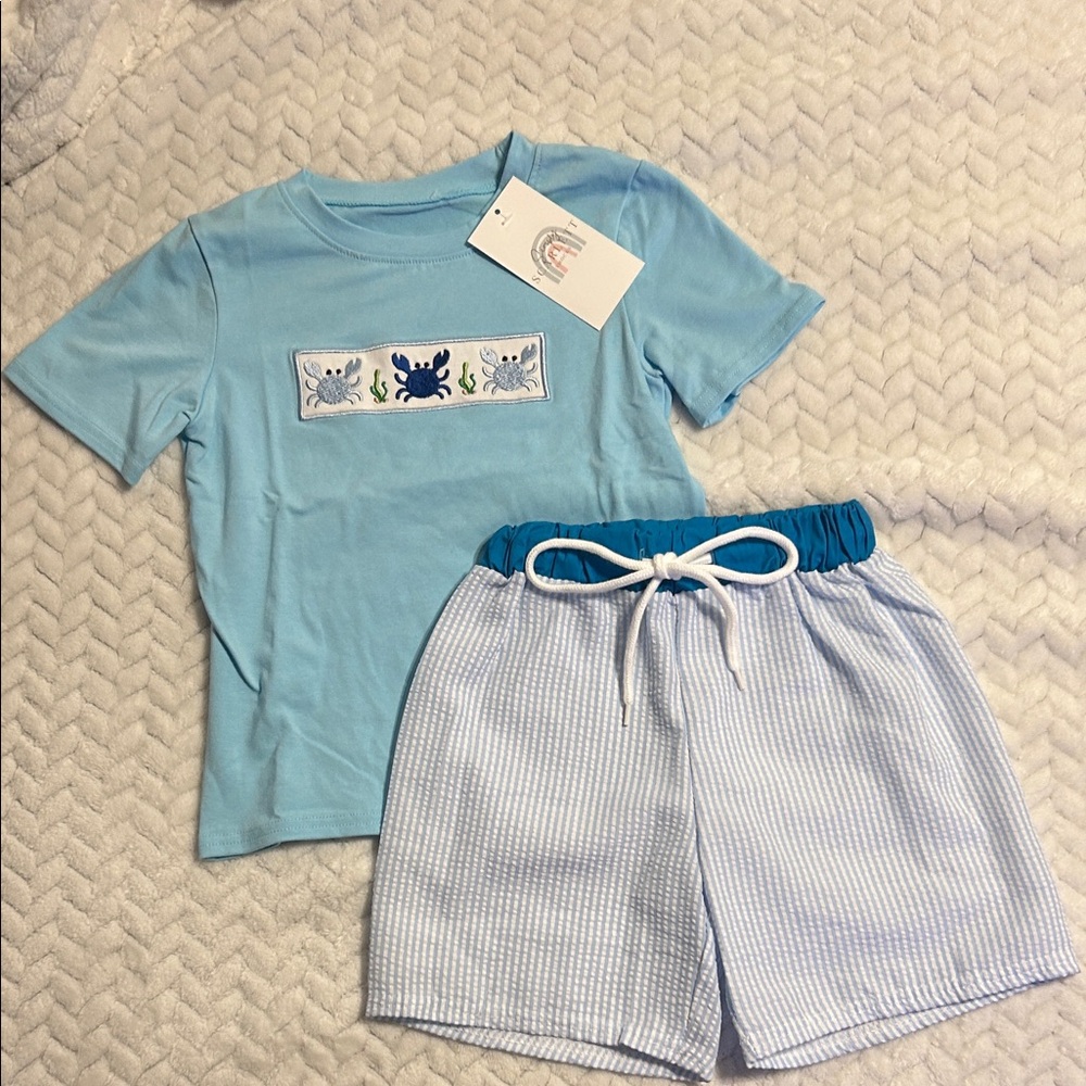 Blue Crab T-Shirt and Striped Shorts Set